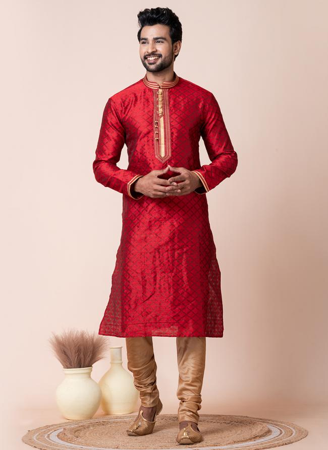 Silk Red Festival Wear Printed Readymade Kurta Pajama